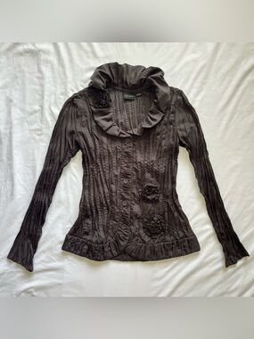 Tribal Charcoal Crinkle Ruffle Blouse Floral Rosettes Boho Fairycore Size 2